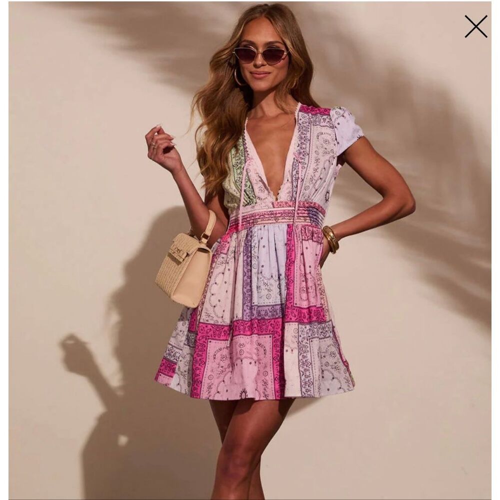 VICI Spring Days Abstract Colorblock Mini Dress Pink Patchwork Ruffle Medium m - Picture 12 of 16